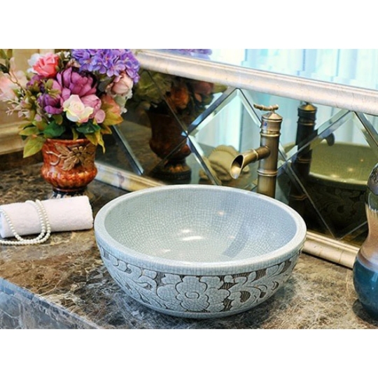 Chậu Rửa Mặt Lavabo Kanly Hoa Văn SU126 Đặt Bàn Sứ Mỹ Thuật 400x150 mm