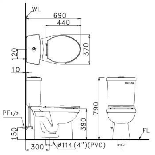 Bàn Cầu CAESAR CDS1325 Thùng T1225 2 Nhấn Nắp Êm